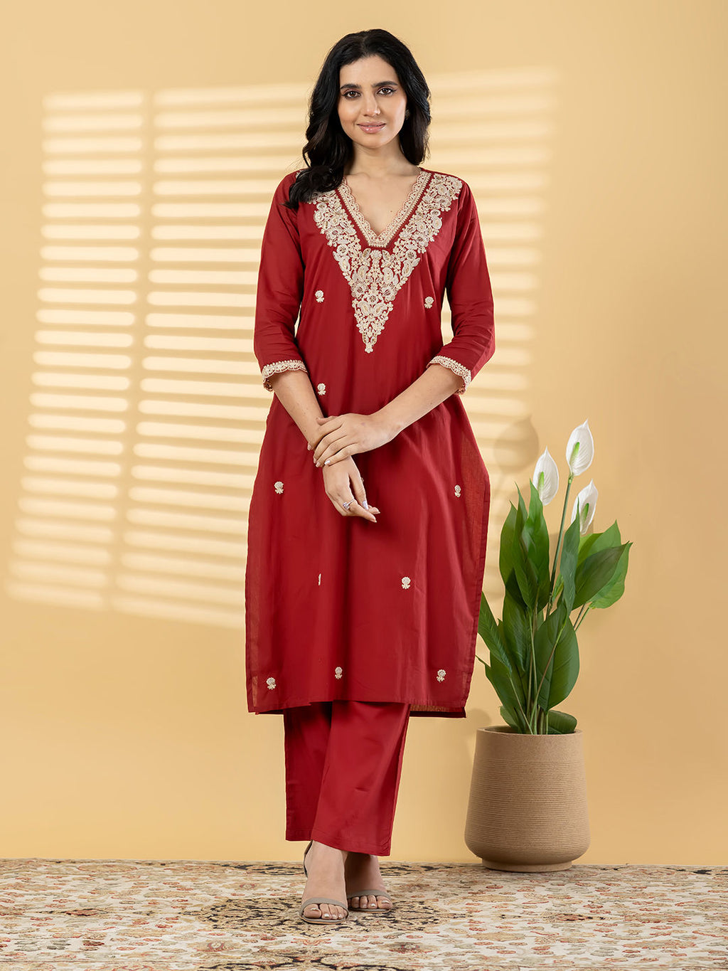Straight style maroon kurta set with Dupatta