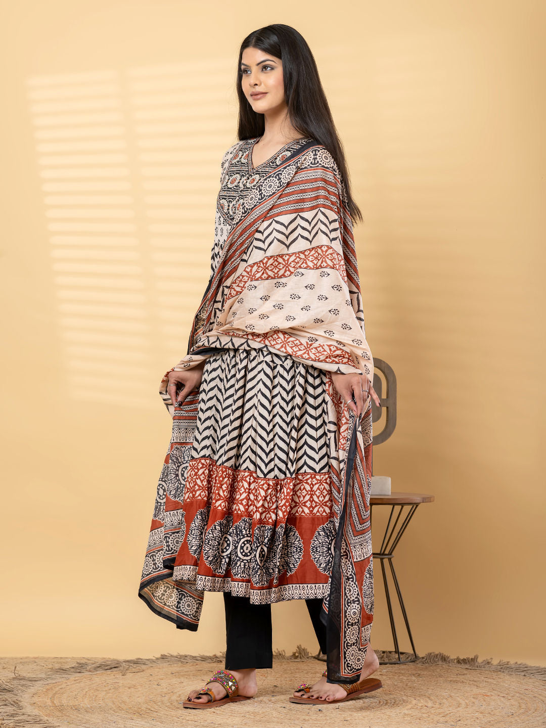 Anarkali cotton kurta with dupatta (Black and White)