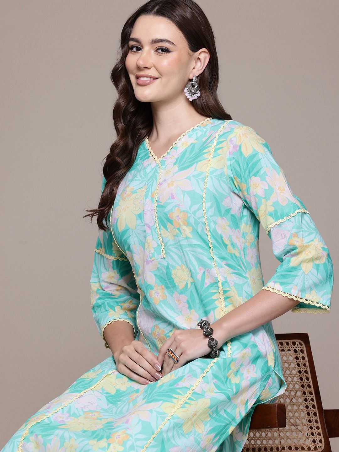 Straight style cotton sea green kurta set
