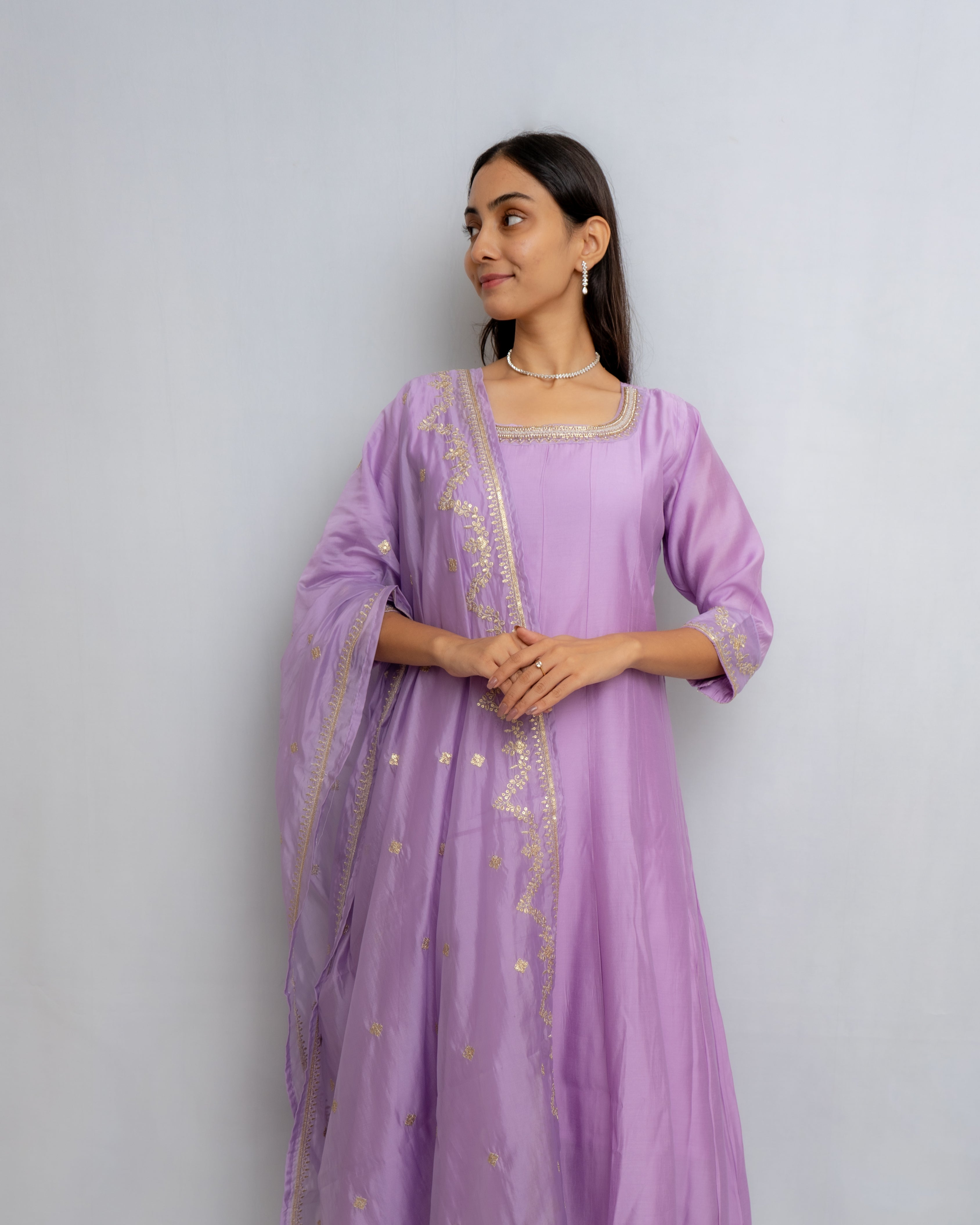 Noor Chandani Purple Silk Anarkali set