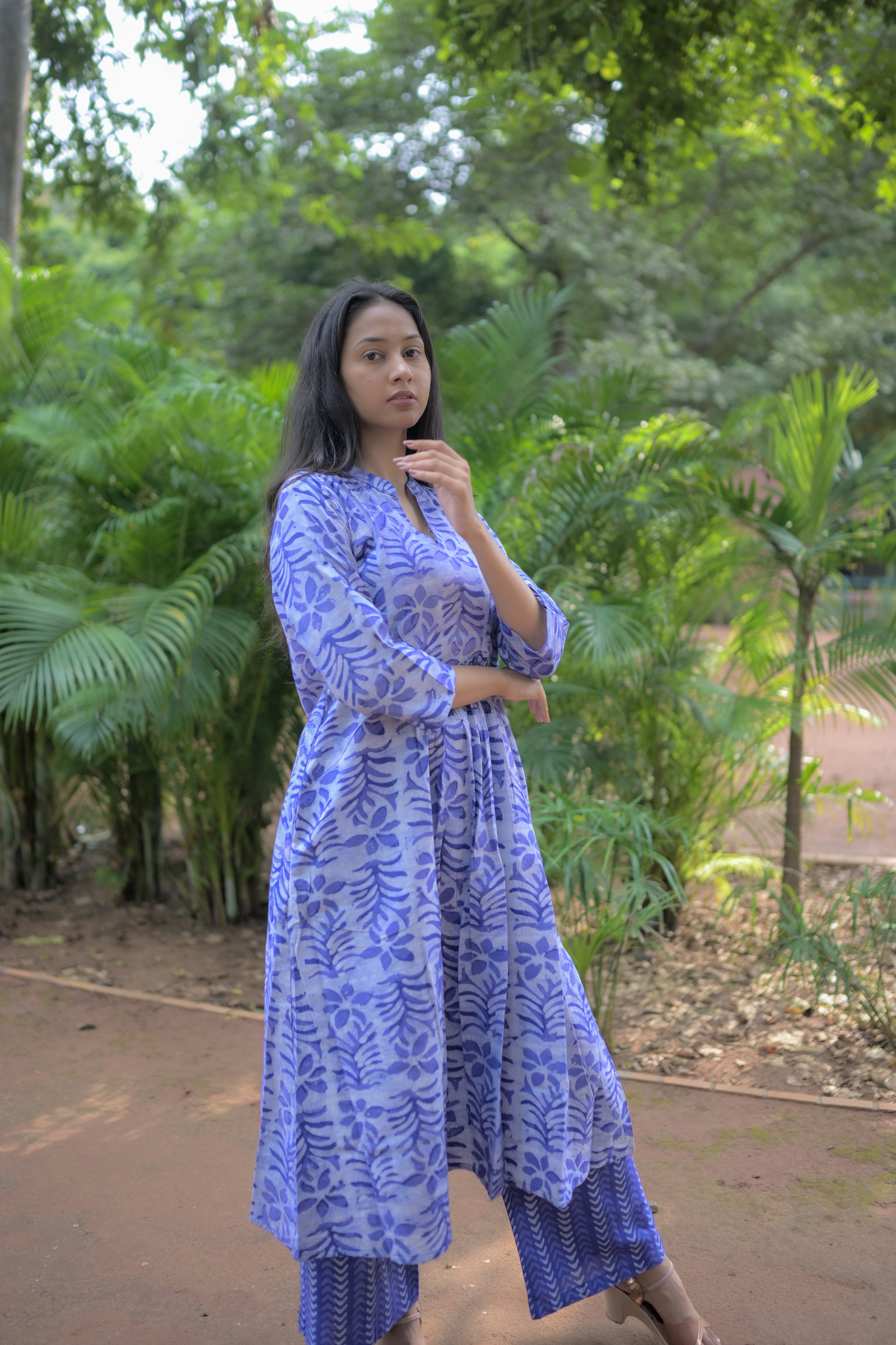 Blue Flamingo Hand Block-Printed Green Cotton A-line Kurta Set