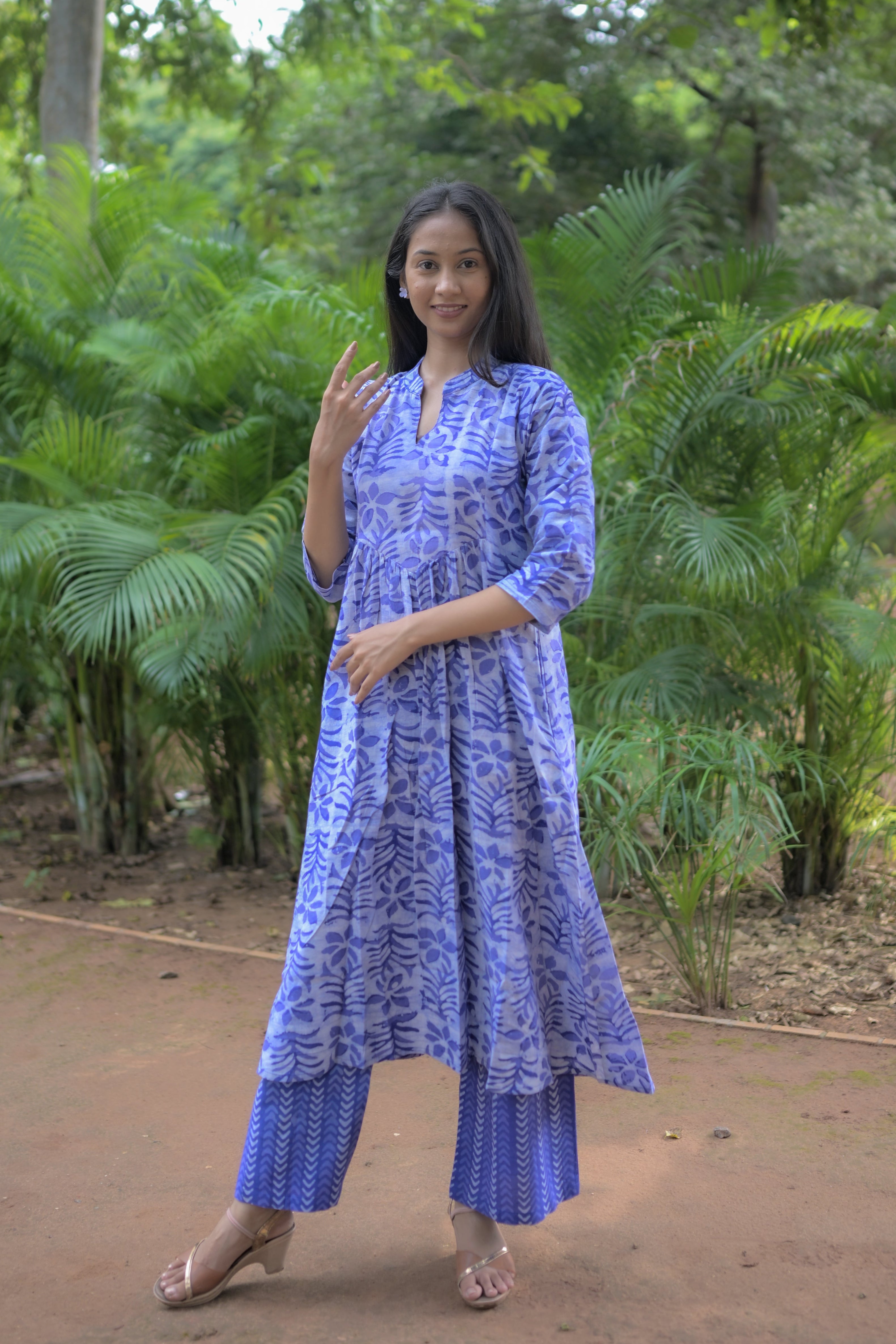 Blue Flamingo Hand Block-Printed Green Cotton A-line Kurta Set