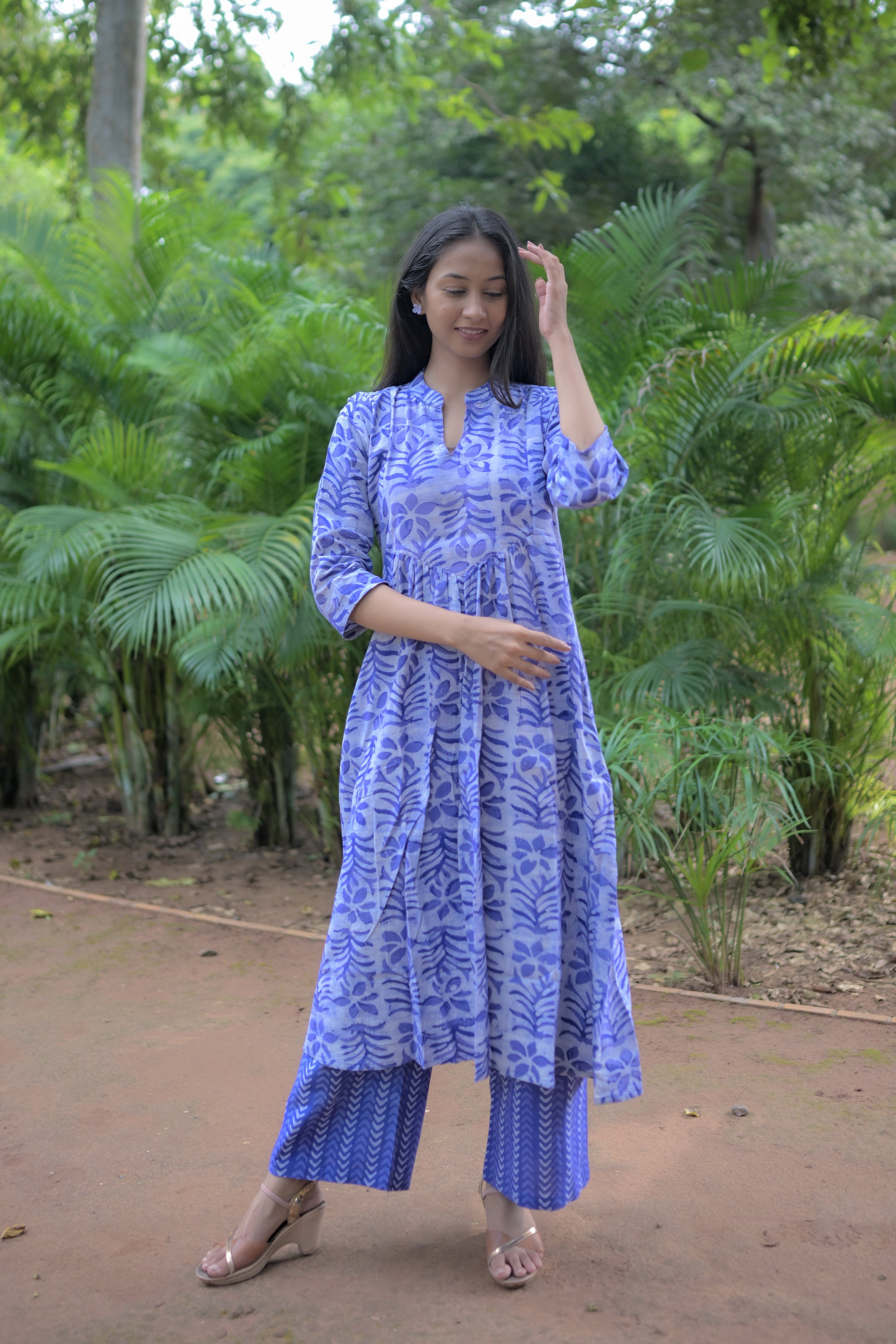 Blue Flamingo Hand Block-Printed Green Cotton A-line Kurta Set