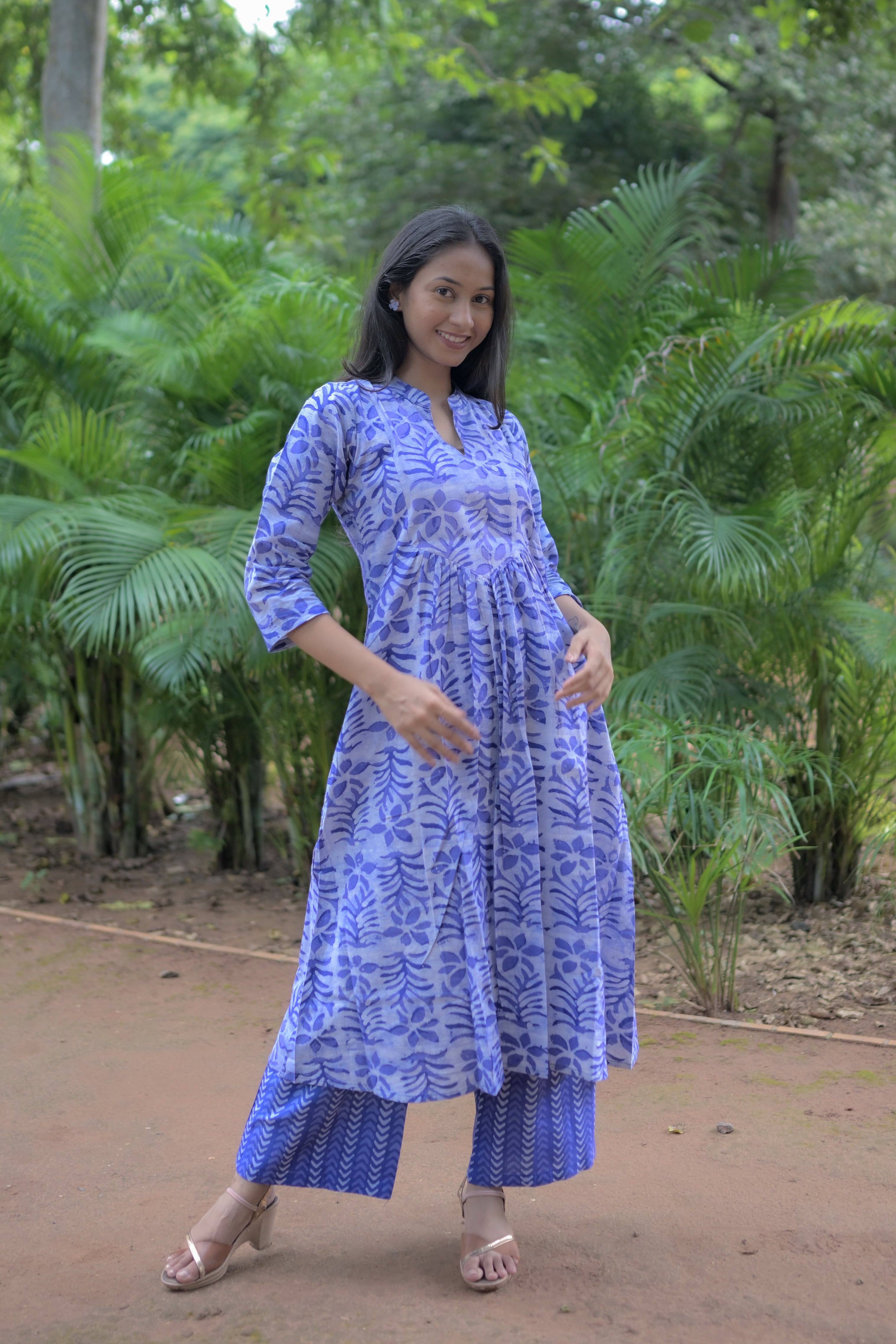 Blue Flamingo Hand Block-Printed Green Cotton A-line Kurta Set
