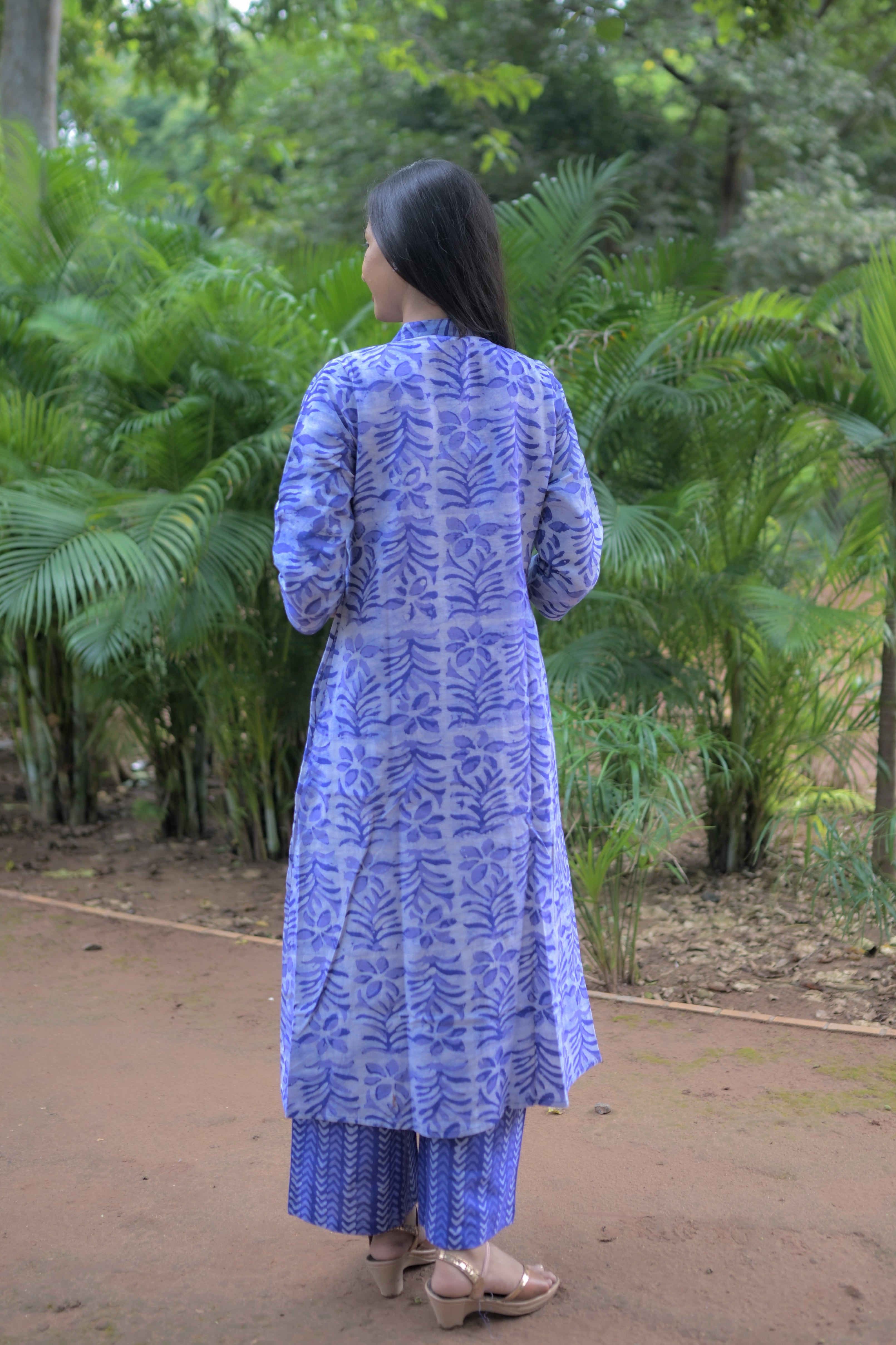 Blue Flamingo Hand Block-Printed Green Cotton A-line Kurta Set