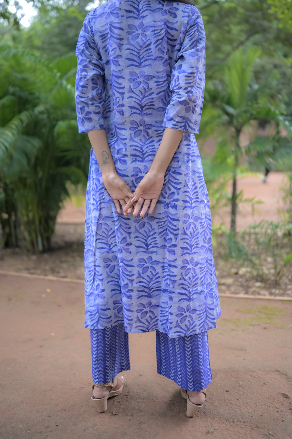 Blue Flamingo Hand Block-Printed Green Cotton A-line Kurta Set