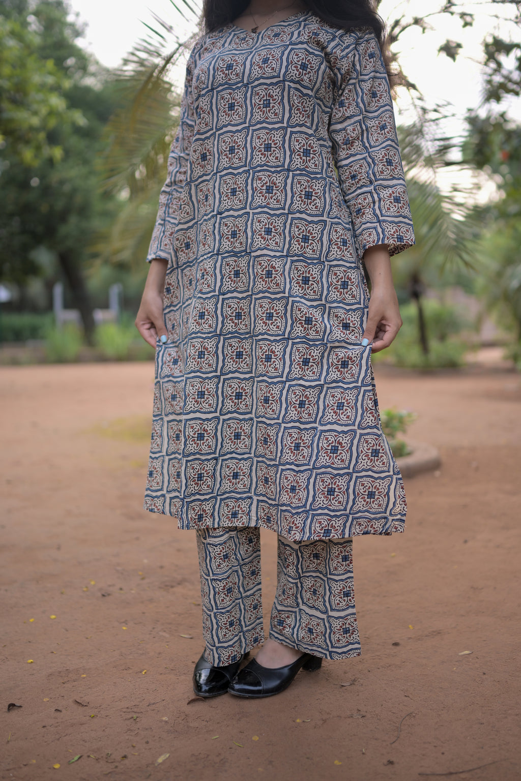 Beige Ajarak Block Print Kurta Plazo Co-Ord Set