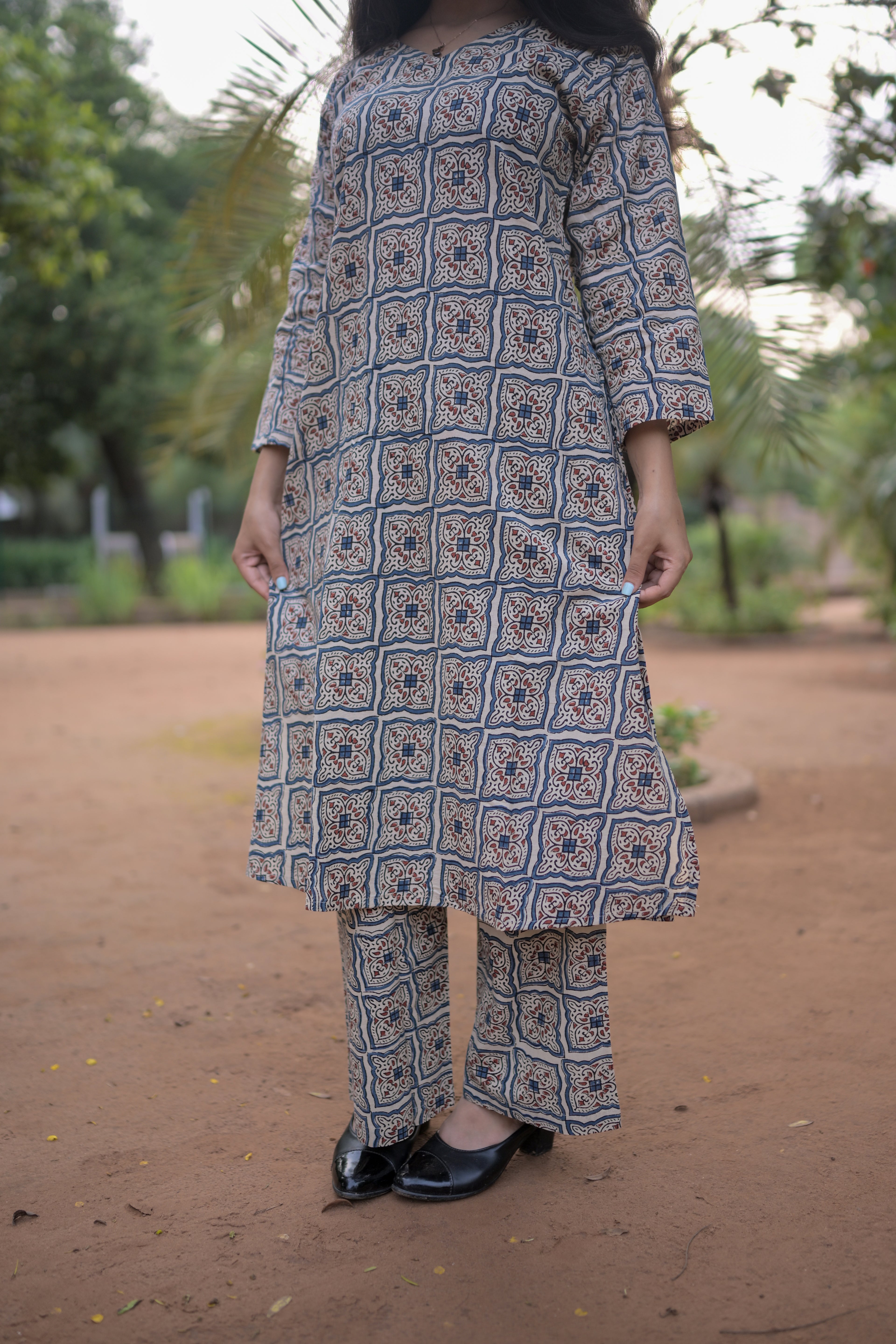 Beige Ajarak Block Print Kurta Plazo Co-Ord Set