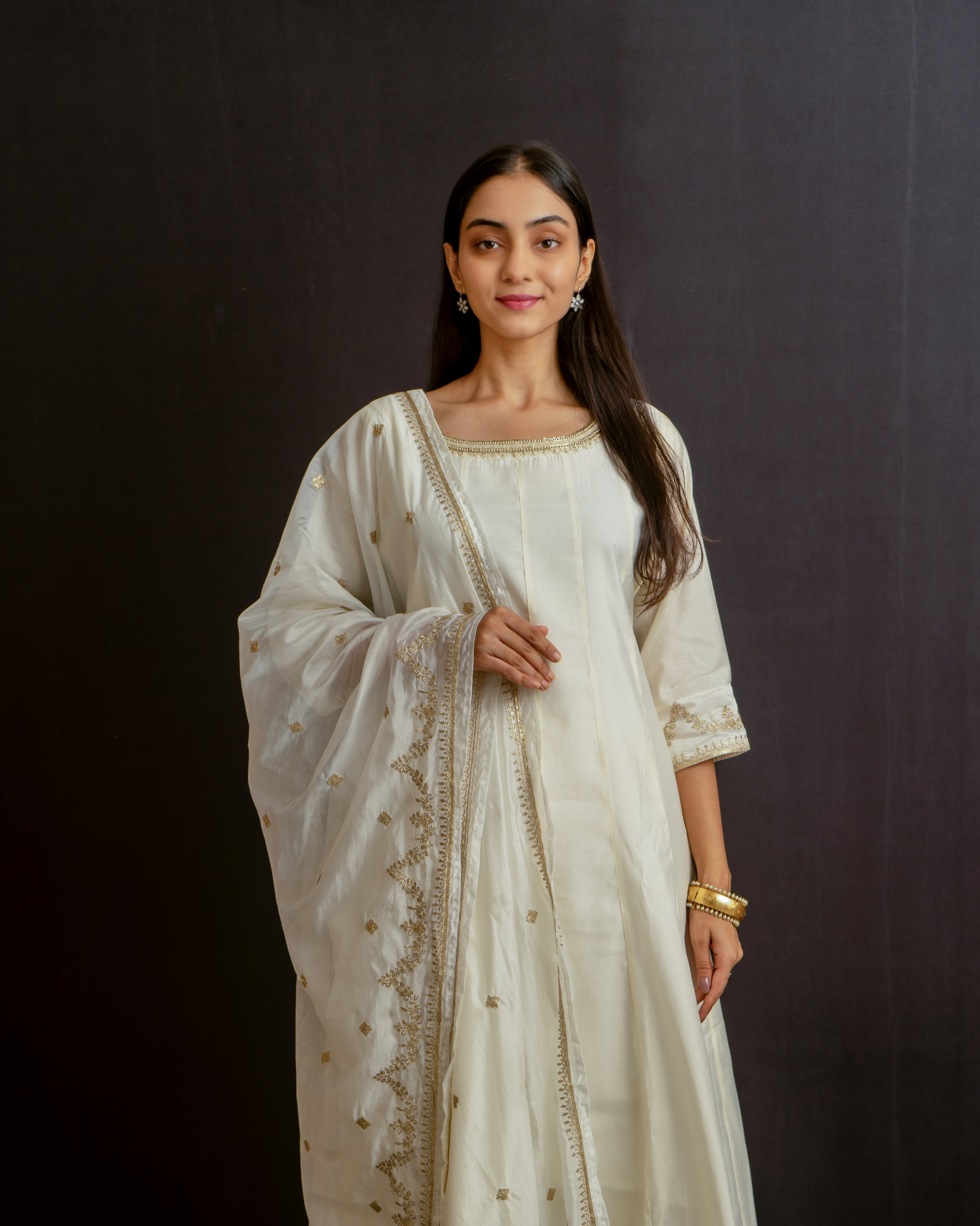 Noor Chandani White Silk Anarkali Set
