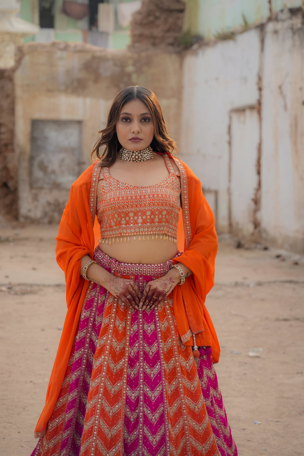 Orange & Fuchsia Chevron Lehenga (Only One left)