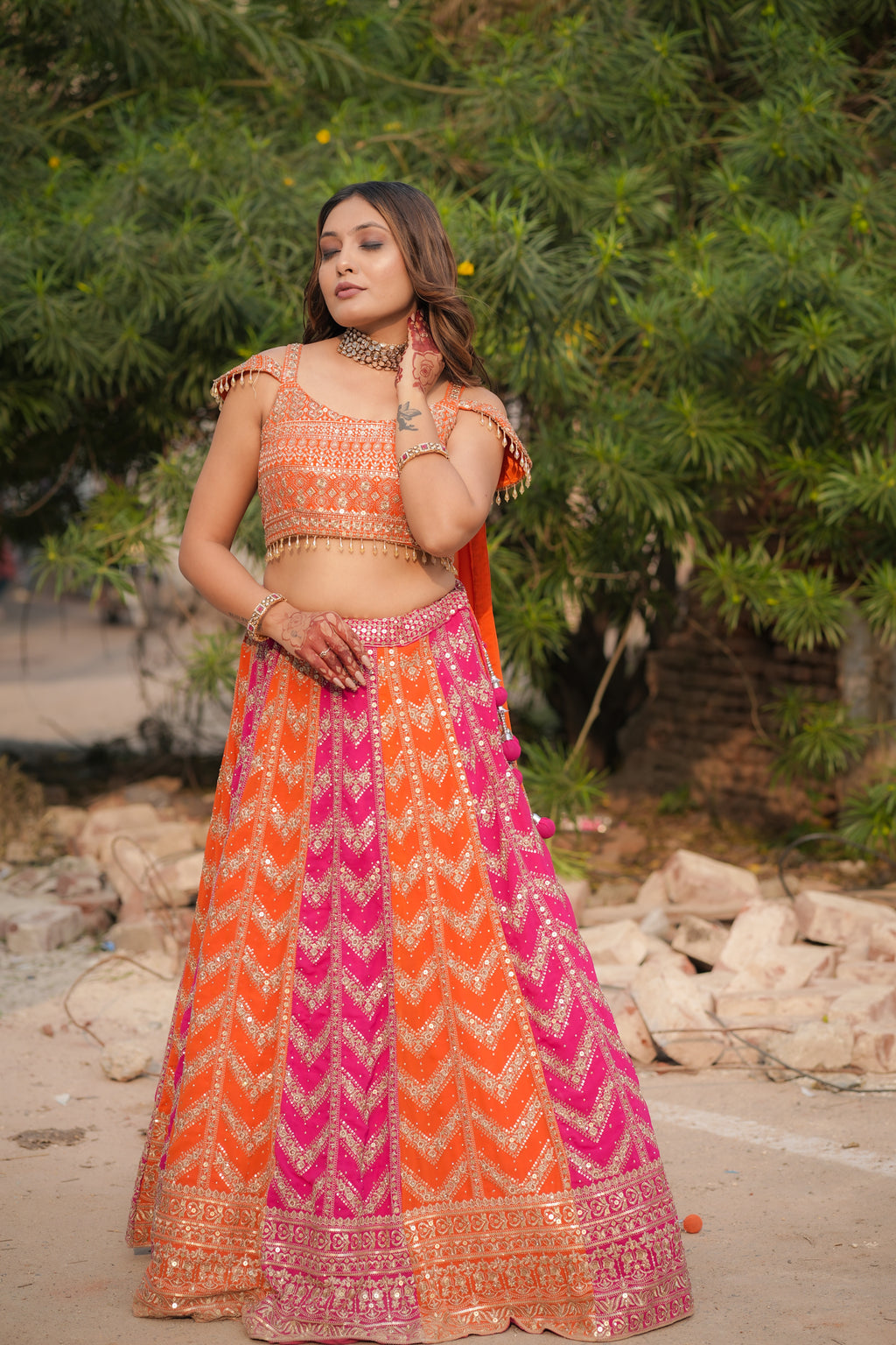 Orange & Fuchsia Chevron Lehenga (Only One left)