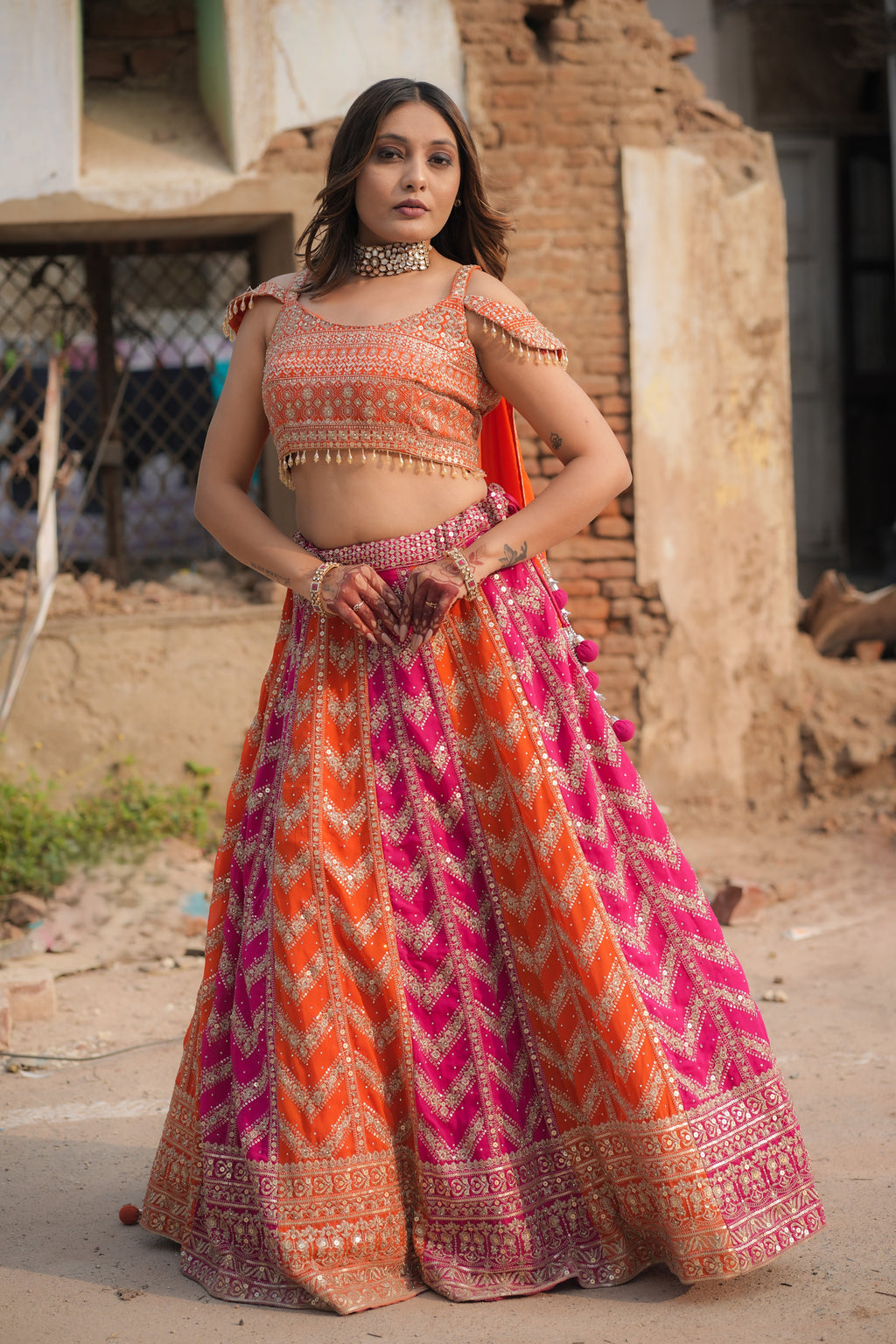Orange & Fuchsia Chevron Lehenga (Only One left)
