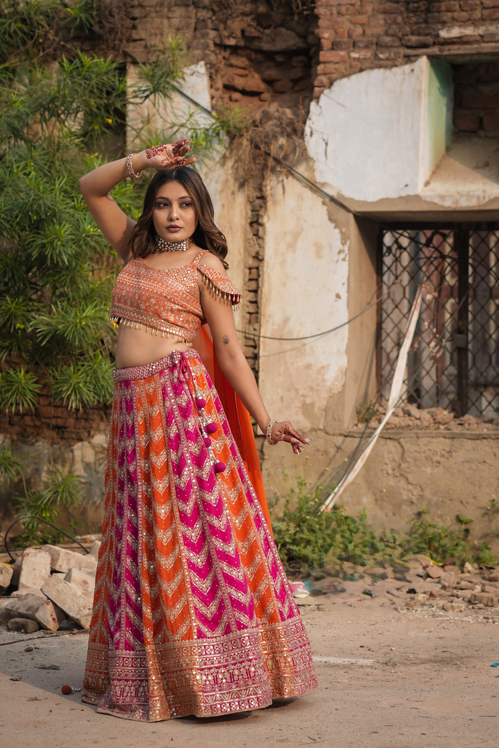 Orange & Fuchsia Chevron Lehenga (Only One left)