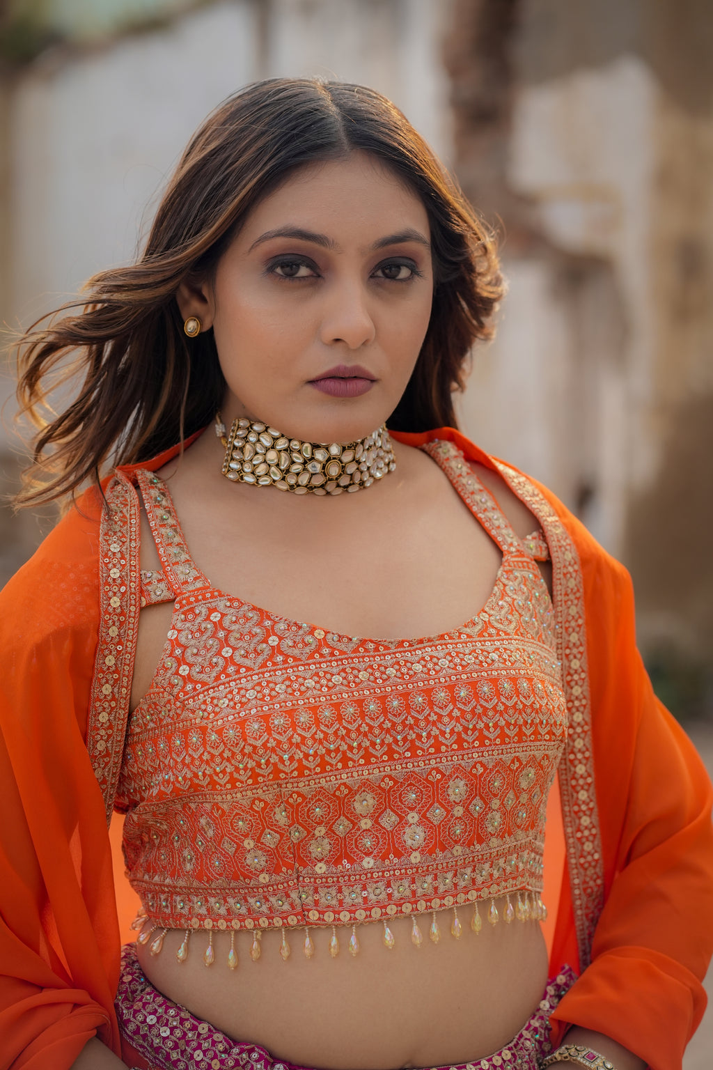 Orange & Fuchsia Chevron Lehenga (Only One left)