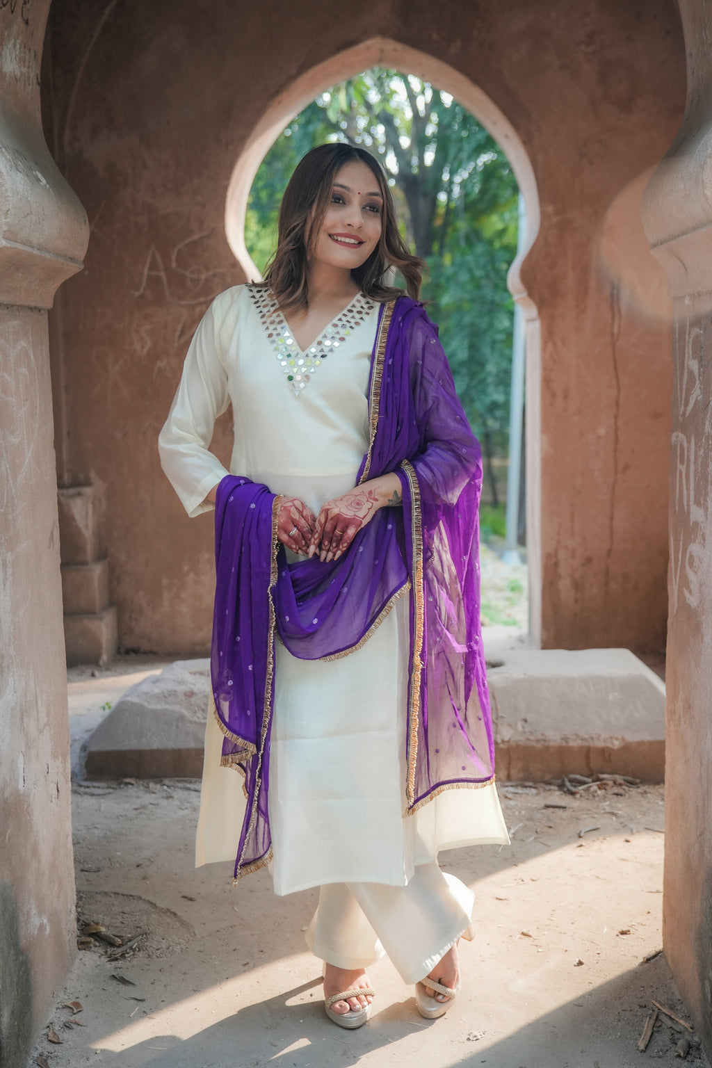 Timeless silk Kurta set with Mirror work (White)