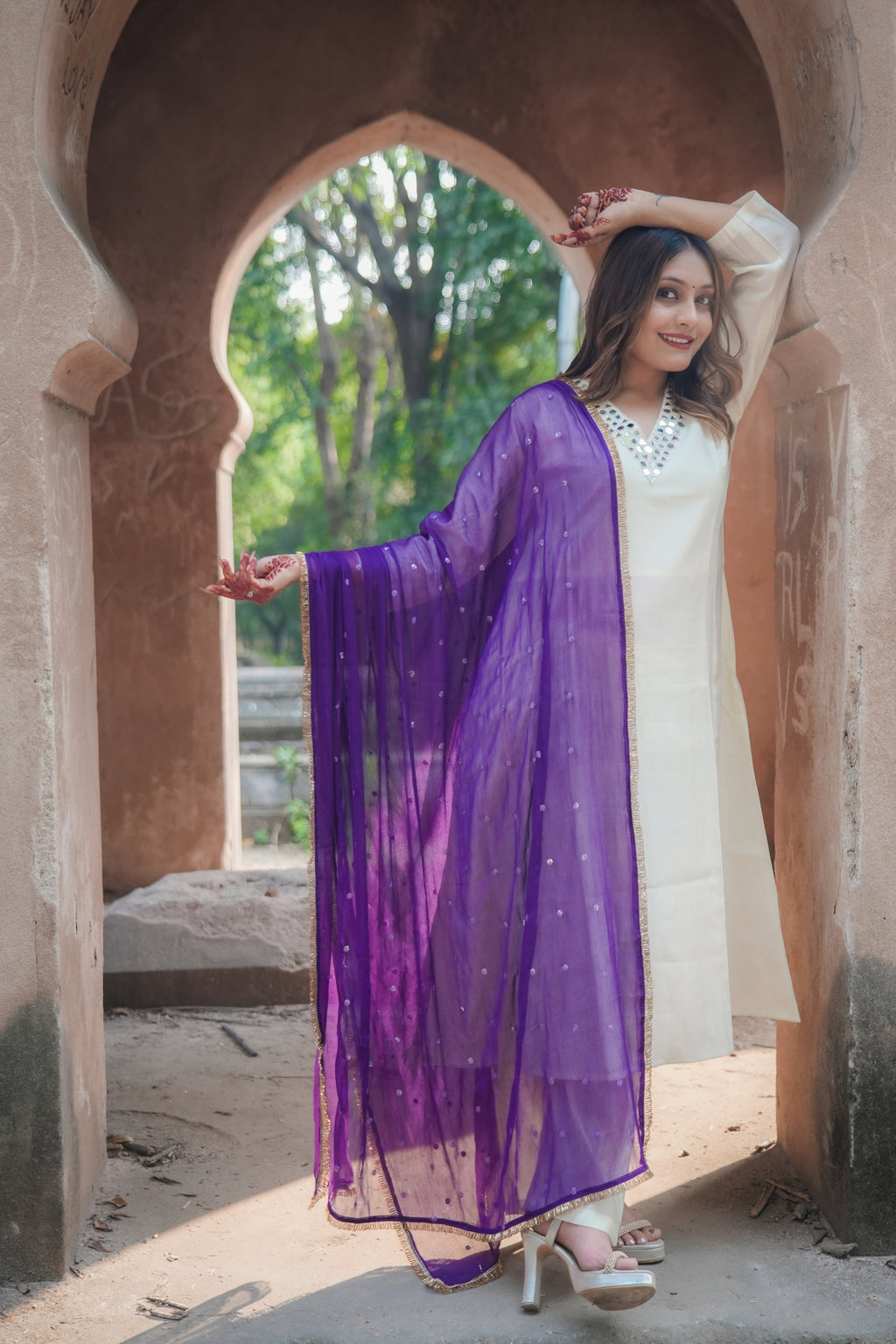 Timeless silk Kurta set with Mirror work (White)