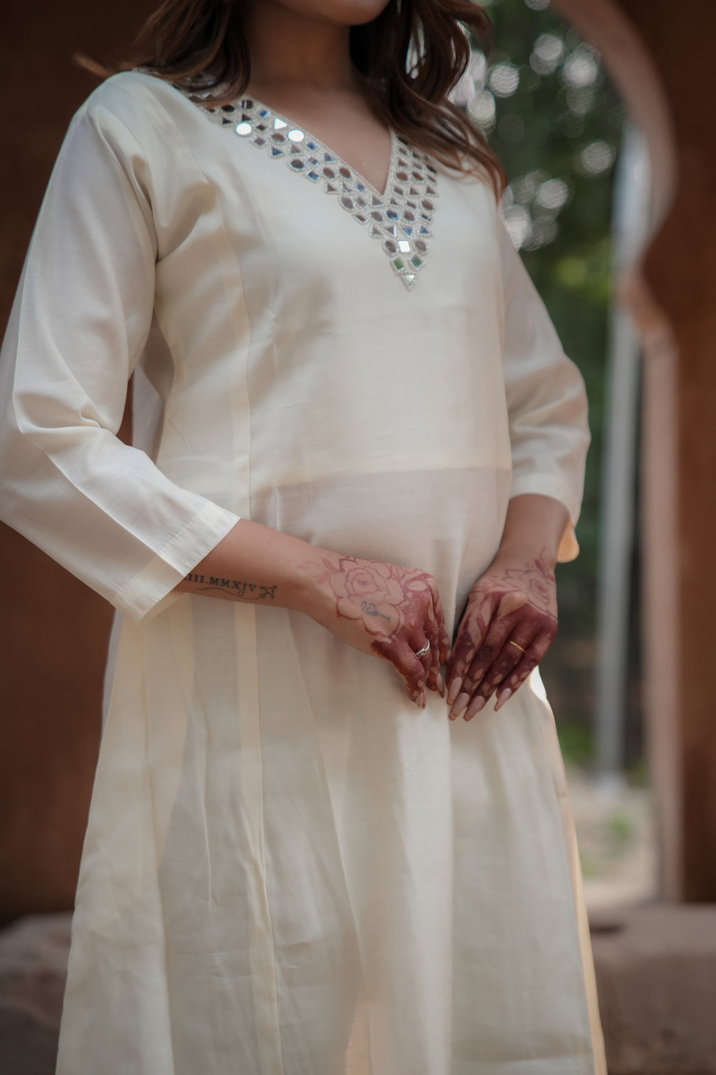 Timeless silk Kurta set with Mirror work (White)