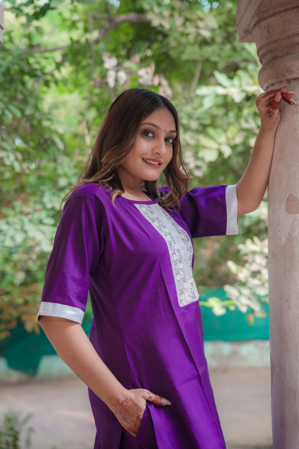 Timeless silk Kurta set with lace work (Purple)