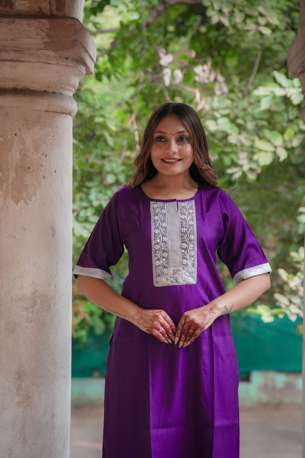 Timeless silk Kurta set with lace work (Purple)