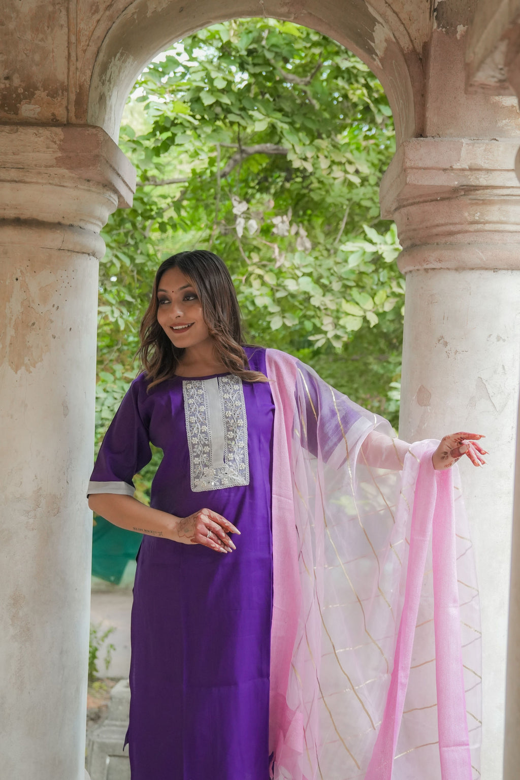 Timeless silk Kurta set with lace work (Purple)