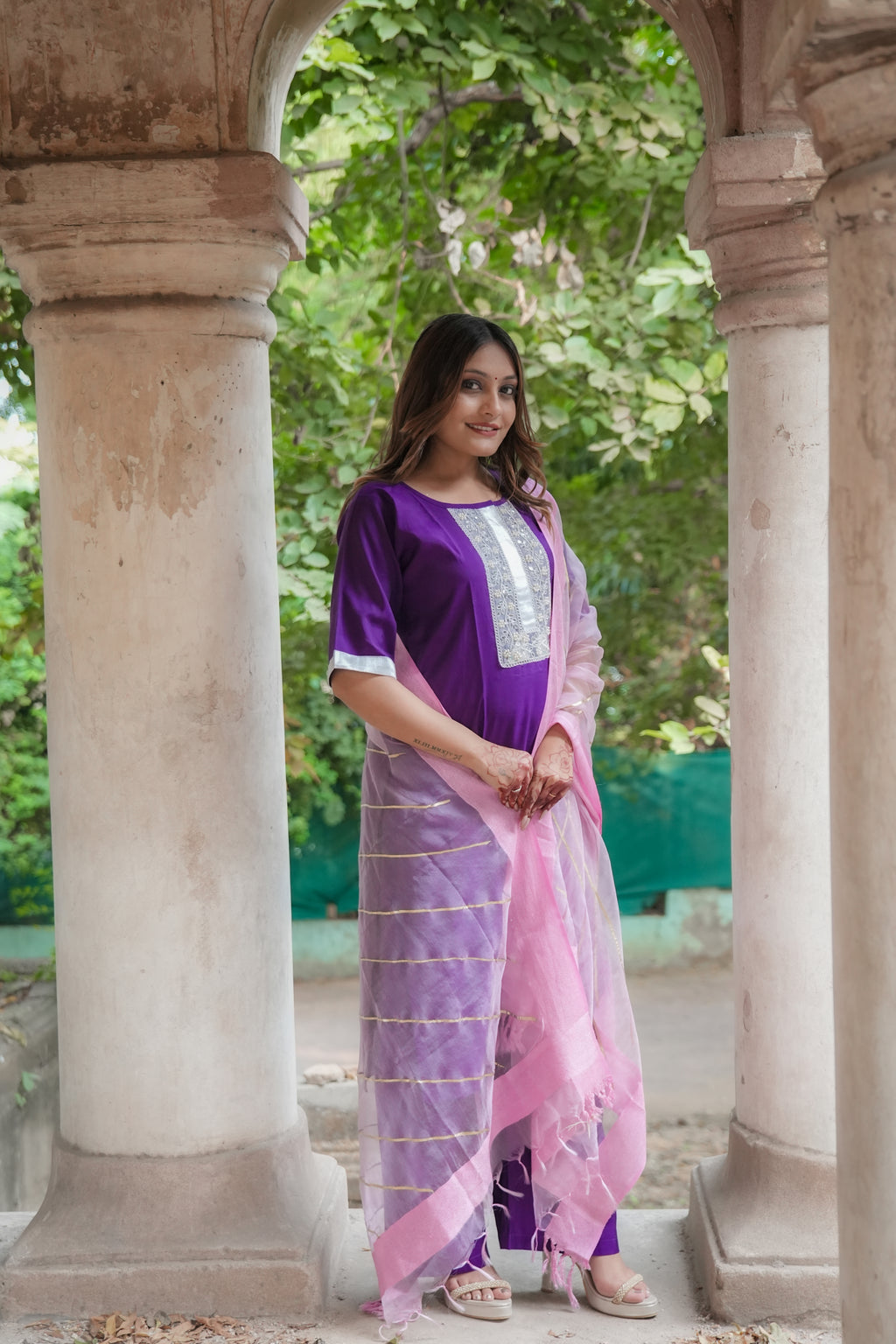 Timeless silk Kurta set with lace work (Purple)