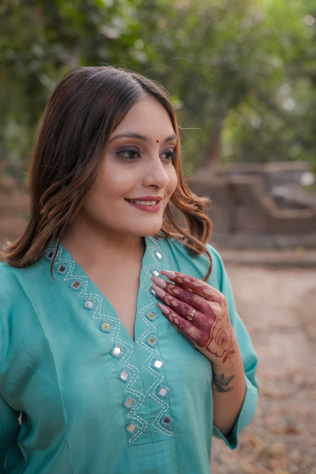 Timeless silk Co-Ord set with Mirror work (Pearl)