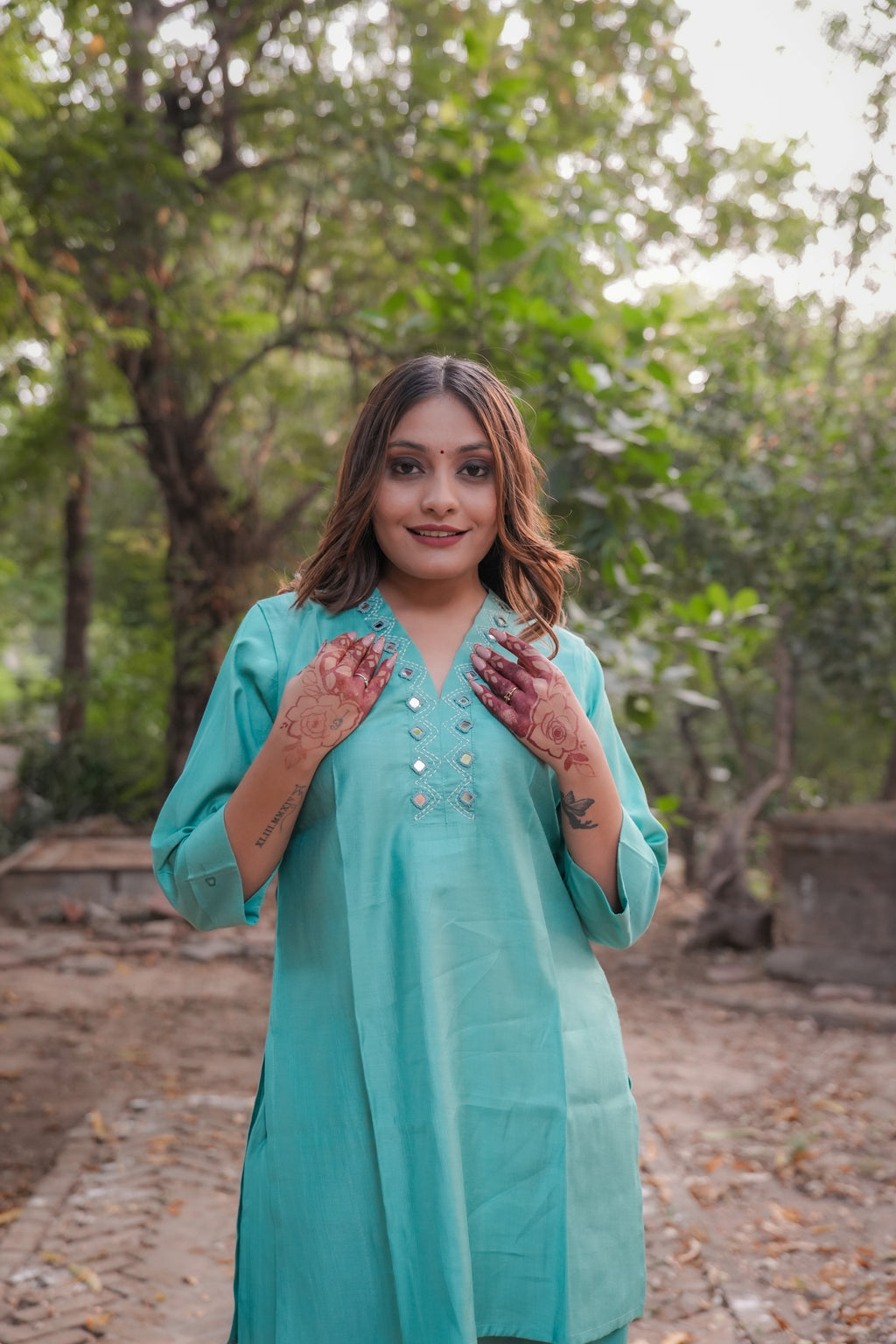 Timeless silk Co-Ord set with Mirror work (Pearl)