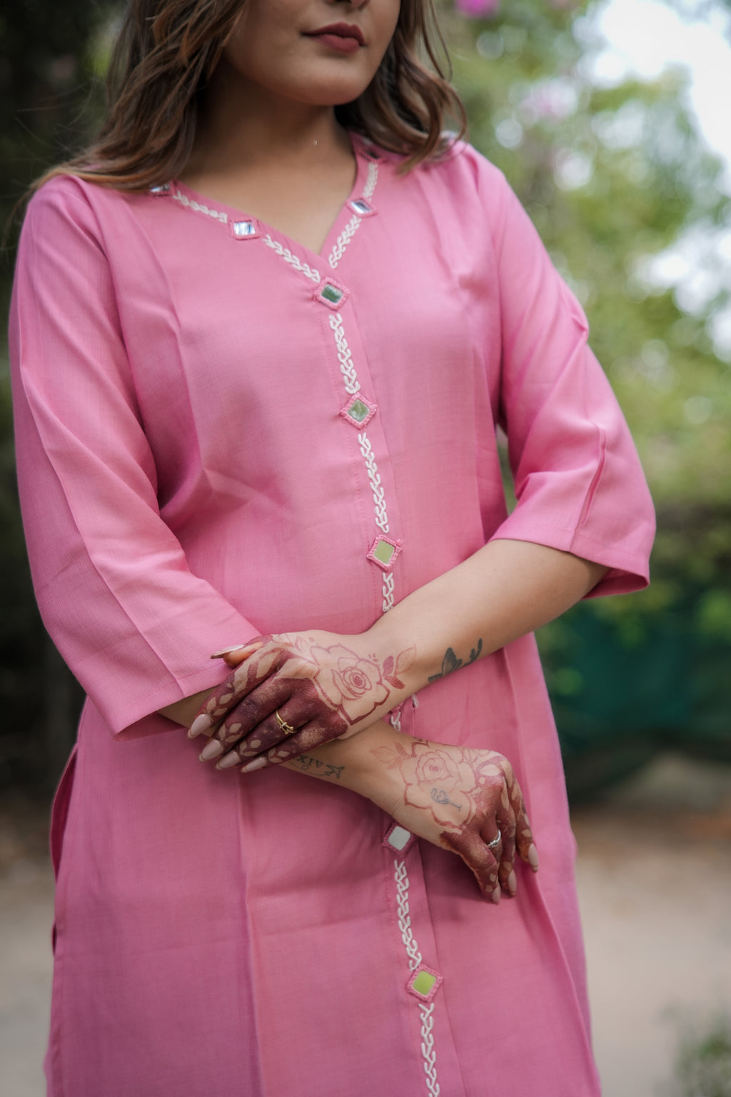 Timeless silk Co-Ord set with Mirror work (Pink)