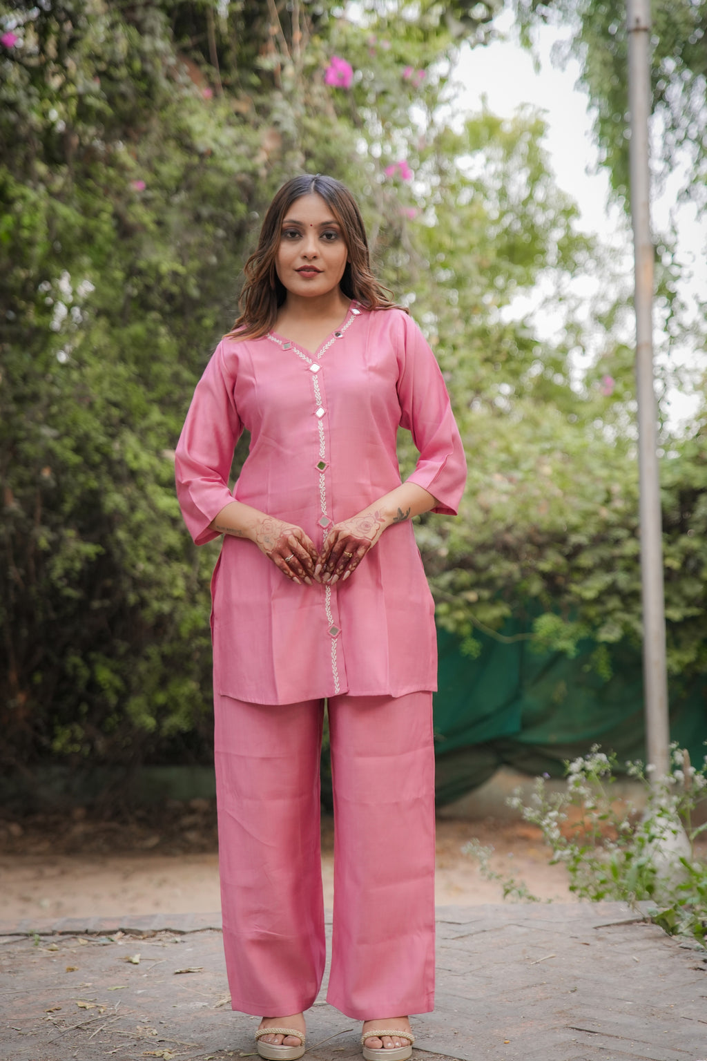 Timeless silk Co-Ord set with Mirror work (Pink)