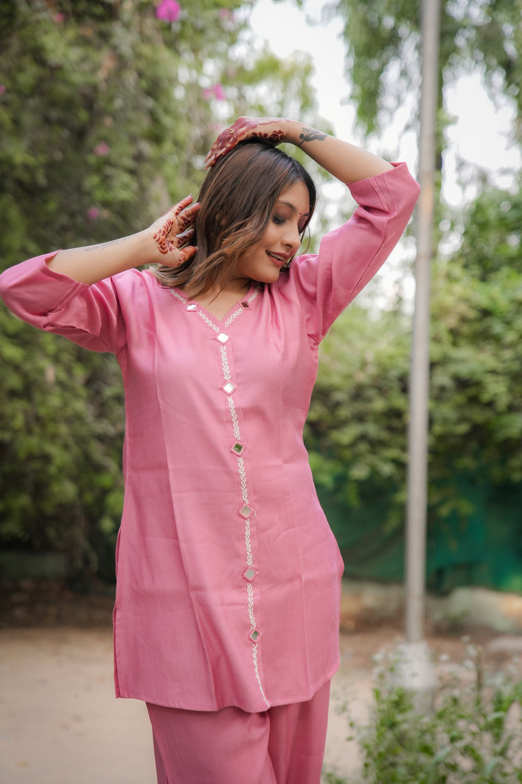 Timeless silk Co-Ord set with Mirror work (Pink)