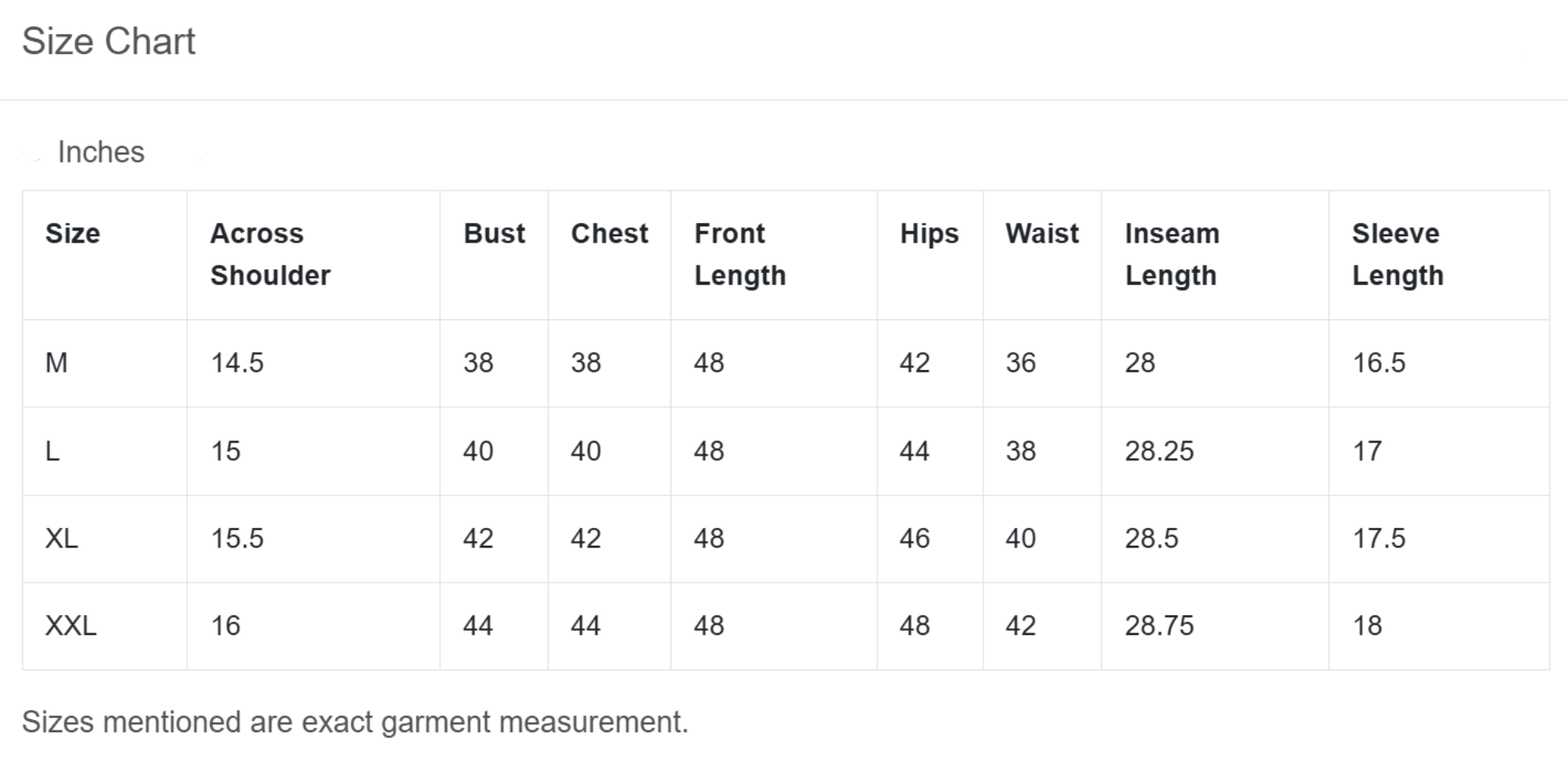 Size chart for clothing measurements in inches